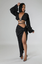 Load image into Gallery viewer, Black Two-Piece Crop Top V Neck Summer Vacation (Skirt Set)-Kasheer Royalty