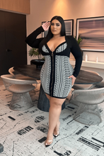 Load image into Gallery viewer, Black and White Long Sleeve Fall Formal Low Cut V Neck Fitted (Plus Size Mini Dress)-Kasheer Royalty