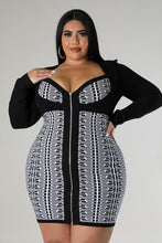 Load image into Gallery viewer, Black and White Long Sleeve Fall Formal Low Cut V Neck Fitted (Plus Size Mini Dress)-Kasheer Royalty