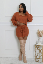 Load image into Gallery viewer, Brown Three Piece Knitted Cardigan Crop Top (Skirt Set)-Kasheer Royalty