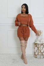 Load image into Gallery viewer, Brown Three Piece Knitted Cardigan Crop Top (Skirt Set)-Kasheer Royalty