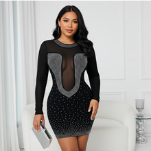 Load image into Gallery viewer, Black Rhinestone Long Sleeve Cut Out Keep Em Busy (Mini Dress)-Kasheer Royalty