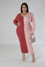 Load image into Gallery viewer, Pink Multi Color Ribbed V Neck Long Sleeve (Plus Size Maxi Dress)-Kasheer Royalty