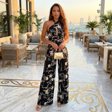 Load image into Gallery viewer, Midnight Calligraphy Hatler Neck Relax Fit Jumpsuit-Kasheer Royalty
