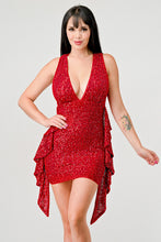 Load image into Gallery viewer, Scarlett (Red Sequin Sleeveless V Neck Side Ruffle Mini Dress)
