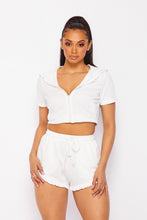 Load image into Gallery viewer, White Crop Top Hooded Ruffled (Two Piece Set)-Kasheer Royalty