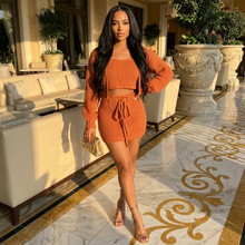 Load image into Gallery viewer, Brown Three Piece Knitted Cardigan Crop Top (Skirt Set)-Kasheer Royalty
