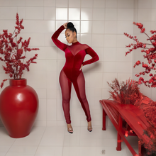 Load image into Gallery viewer, Burgundy Mesh and Velvet Midnight Eclipse (Long Sleeve Jumpsuit)-Kasheer Royalty