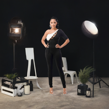 Load image into Gallery viewer, Black and White Lace Up Damara (One Shoulder Jumpsuit)-Kasheer Royalty