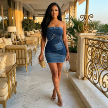 Load image into Gallery viewer, Denim Strapless Patchwork Nastacia (Mini Dress)-Kasheer Royalty