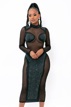 Load image into Gallery viewer, Black Mesh Long Sleeve Rhinestone Cut Out Such a Night (Maxi Dress)-Kasheer Royalty