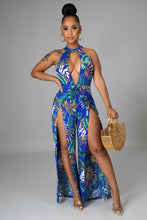Load image into Gallery viewer, Blue Multi Color Halter V-Neck Island Fever (Open Leg Jumpsuit)-Kasheer Royalty
