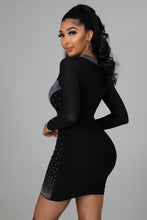 Load image into Gallery viewer, Black Rhinestone Long Sleeve Cut Out Keep Em Busy (Mini Dress)-Kasheer Royalty