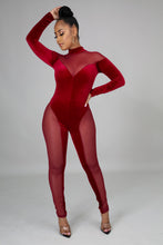 Load image into Gallery viewer, Burgundy Mesh and Velvet Midnight Eclipse (Long Sleeve Jumpsuit)-Kasheer Royalty
