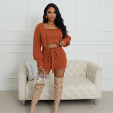 Load image into Gallery viewer, Brown Three Piece Knitted Cardigan Crop Top (Skirt Set)-Kasheer Royalty
