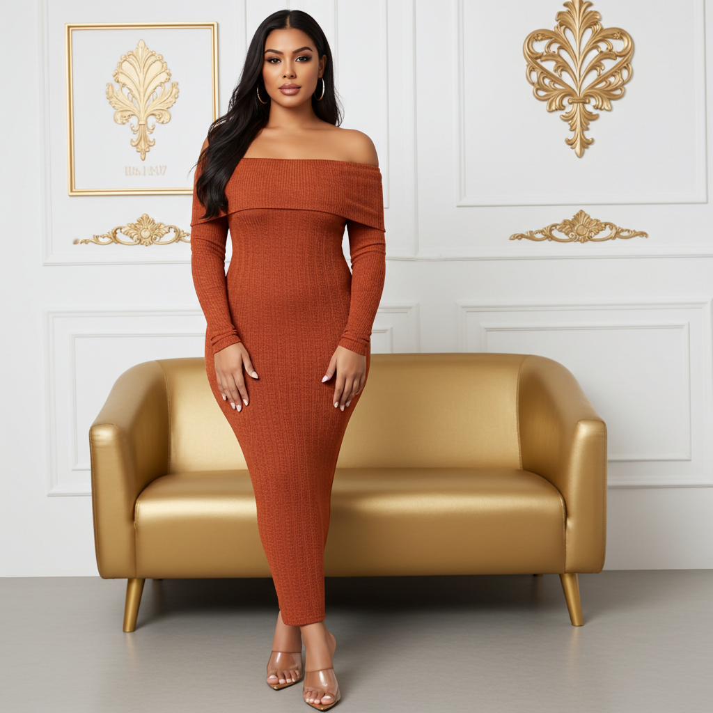 Brown Off the Shoulder Long Sleeve Tube (Maxi Dress)-Kasheer Royalty S Brown Off the Shoulder Long Sleeve Tube (Maxi Dress)-Kasheer Royalty S