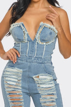 Load image into Gallery viewer, Marley Ripped Off Shoulder Denim Jumpsuit-Kasheer Royalty
