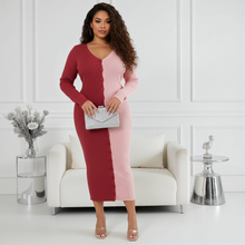 Load image into Gallery viewer, Pink Multi Color Ribbed V Neck Long Sleeve (Plus Size Maxi Dress)-Kasheer Royalty

