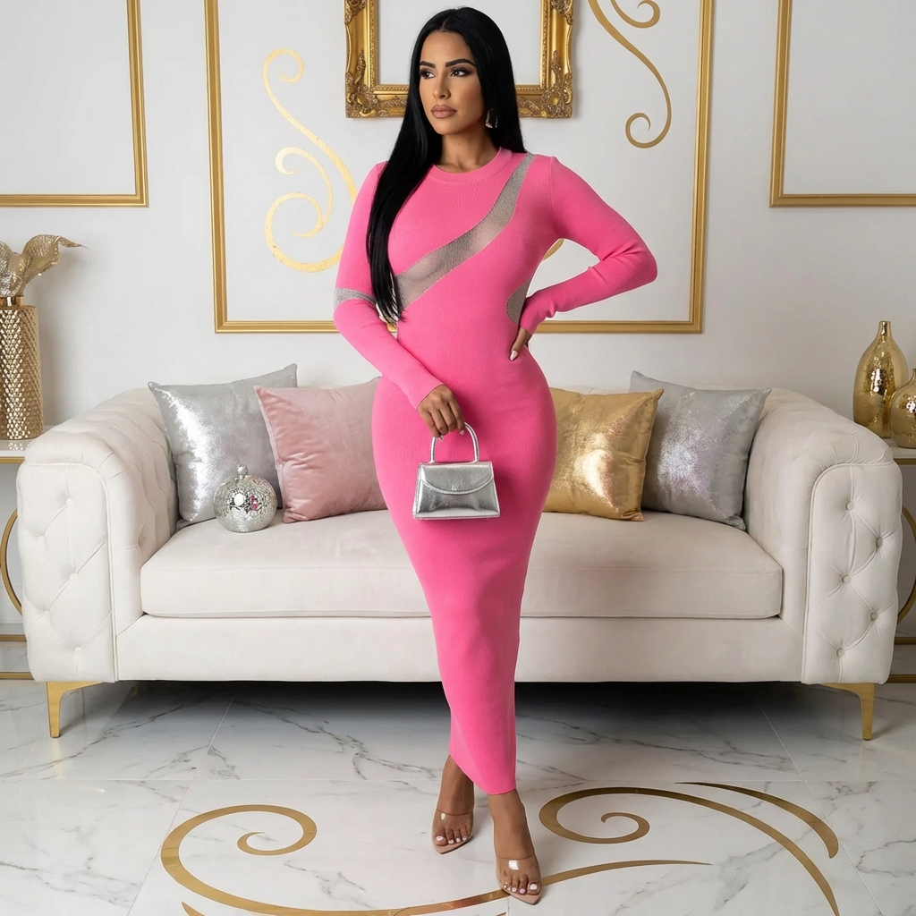 elektra maxi dress Elektra Pink Long Sleeve Maxi Dress-Kasheer Royalty M