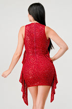 Load image into Gallery viewer, Scarlett (Red Sequin Sleeveless V Neck Side Ruffle Mini Dress)
