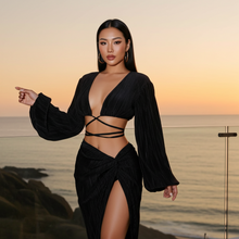 Load image into Gallery viewer, Black Two-Piece Crop Top V Neck Summer Vacation (Skirt Set)-Kasheer Royalty
