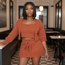 Load image into Gallery viewer, Brown Three Piece Knitted Cardigan Crop Top (Skirt Set)-Kasheer Royalty
