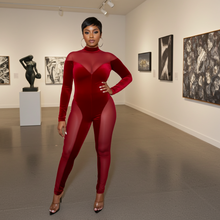 Load image into Gallery viewer, Burgundy Mesh and Velvet Midnight Eclipse (Long Sleeve Jumpsuit)-Kasheer Royalty

