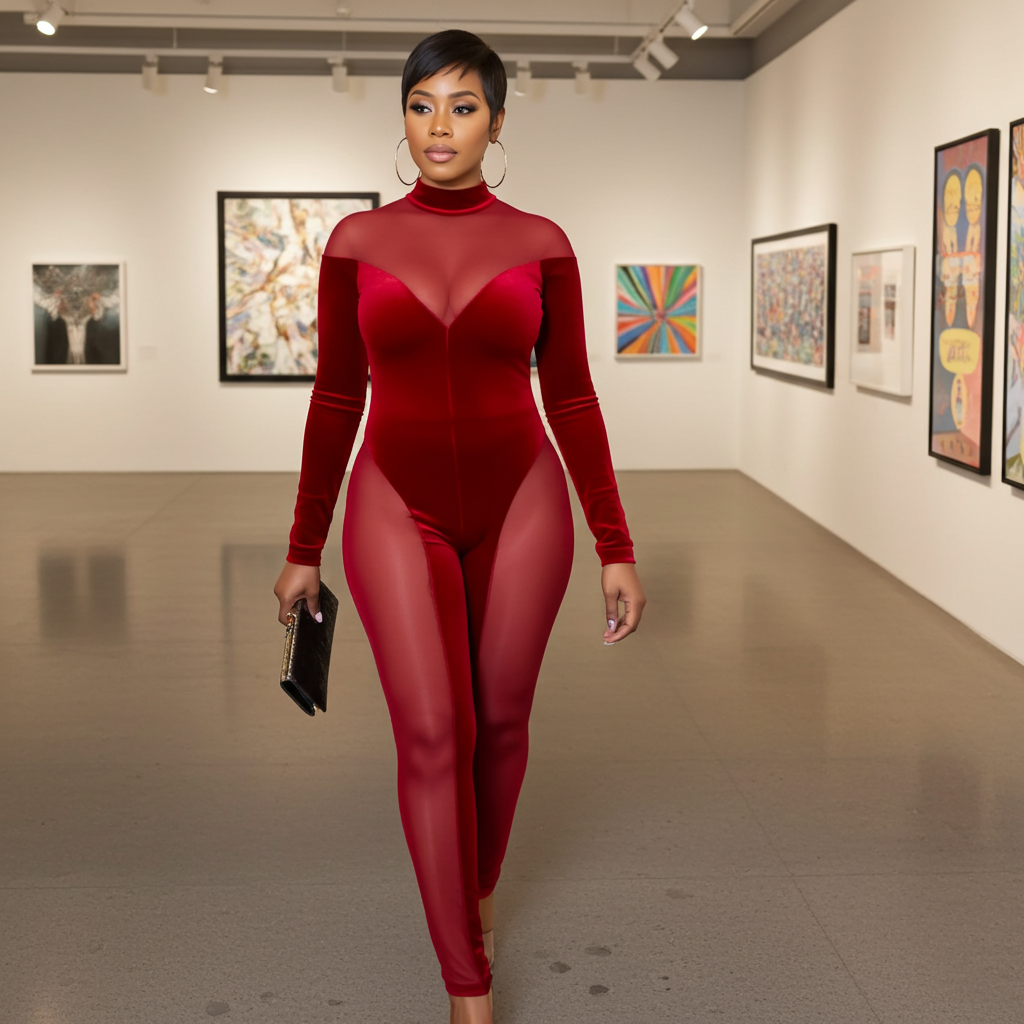 Burgundy Mesh and Velvet Midnight Eclipse (Long Sleeve Jumpsuit)-Kasheer Royalty