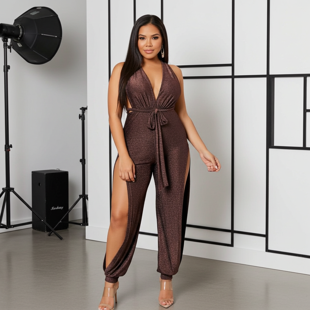 Brown Metallic Cut Out Cali (V Neck Jumpsuit)-Kasheer Royalty