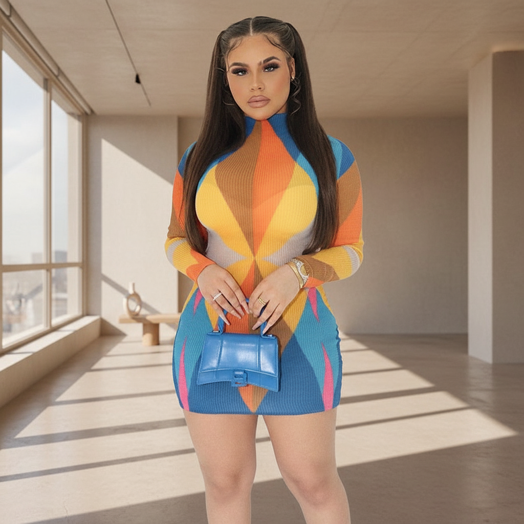 Multi Color Ribbed Long Sleeve Khloe (Mini Dress)-Kasheer Royalty