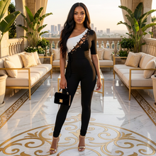 Load image into Gallery viewer, Black and White Lace Up Damara (One Shoulder Jumpsuit)-Kasheer Royalty
