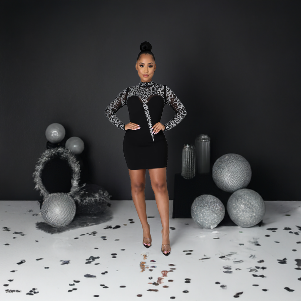 Black Rhinestone Long Sleeve Design Gia Glam (Mini Dress)-Kasheer Royalty