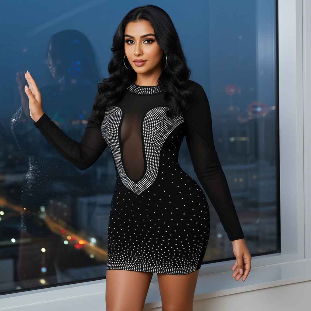 Black Rhinestone Long Sleeve Cut Out Keep Em Busy (Mini Dress)-Kasheer Royalty