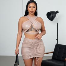 Load image into Gallery viewer, Tan Leather Halter Top Kitty (Two Piece Skirt Set)-Kasheer Royalty
