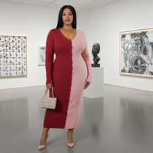 Load image into Gallery viewer, Pink Multi Color Ribbed V Neck Long Sleeve (Plus Size Maxi Dress)-Kasheer Royalty
