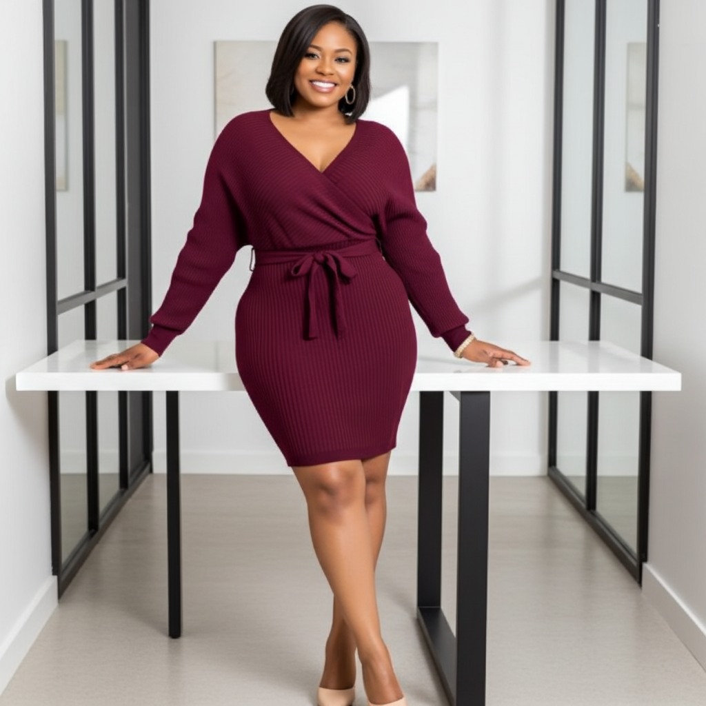 Narai Elegant Solid Color Sweater Dress (Plus Size)