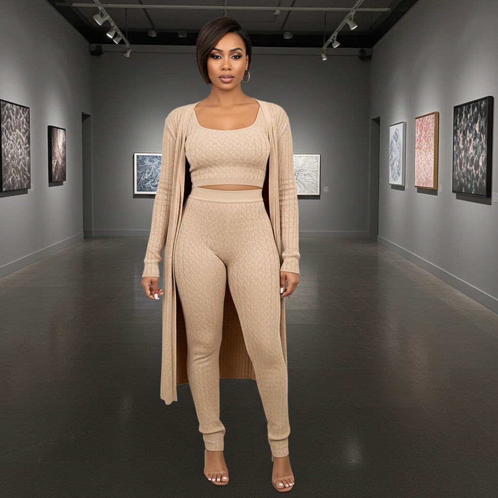 Tan Desiree Lounge Wear (Three Piece Set)-Kasheer Royalty