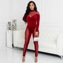 Load image into Gallery viewer, Burgundy Mesh and Velvet Midnight Eclipse (Long Sleeve Jumpsuit)-Kasheer Royalty
