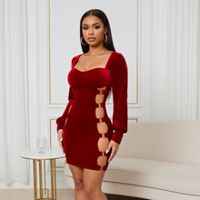 Load image into Gallery viewer, Red Cut Out Long Sleeve Velvet Sweetheart Neck (Mini Dress)-Kasheer Royalty
